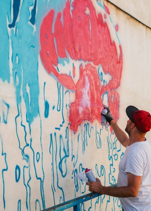 Michal Škapa maluje mural v rámci street artového festivalu Wall Street.